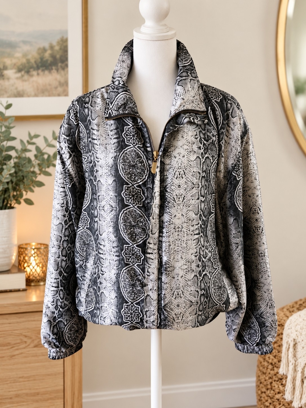 Vintage Fuda 100% Silk Snakeskin Print Bomber Jacket Avant Garde Streetwear